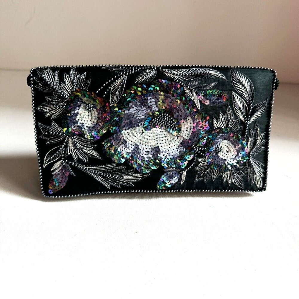 Vintage dark grey Blue beaded Sequin Embellished  Evening Clutch Crossbody